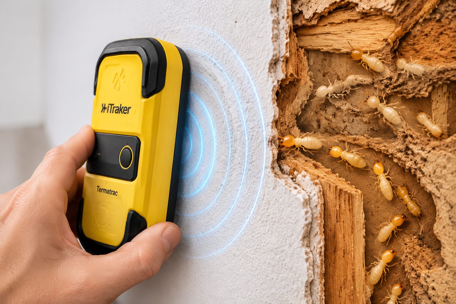 Ilustración de un equipo Termatrac iTraker escaneando un muro, con ondas de radar y termitas dentro de la pared